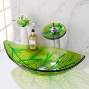 MONITE Leaf Style Bathroom Sink Faucet Set 3 Color Styles Tempered Glass Hand Painted Washbasin W/ Waterfall Tap & Pop-up Drain