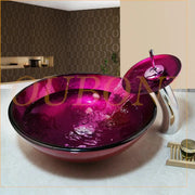 OUBONI Rose Red Tempered Glass Basin Sink Unique Washbasin Faucet Set Bathroom Counter Top Washroom Vessel Vanity Sink Mixer Tap