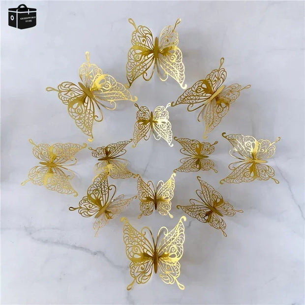 12Pcs/Set 3D Hollow Butterfly Wall Sticker Gold Silver Rose Butterflies Decal Sticker for Wedding Birthday Party Home Decoration