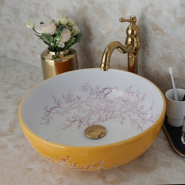 OUBONI Bowl Shaped Ceramic Bathroom Basin Set Art Flower Pattern Sink With Golden Or Antique Faucets Hot Cold Mixer Taps