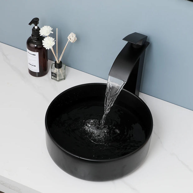 KEMAIDI Matte Black Bathroom Ceramic Washing Bowl Sink Above Counter Round Bathroom Sinks with Faucet Mixer Tap Set Deck Mounted