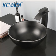 KEMAIDI Modern Bathroom Sink Round Black Ceramic Wash Basin Sink Bowl  Bathroom Sinks W/ Black Waterfall Mixer Faucet Tap Set