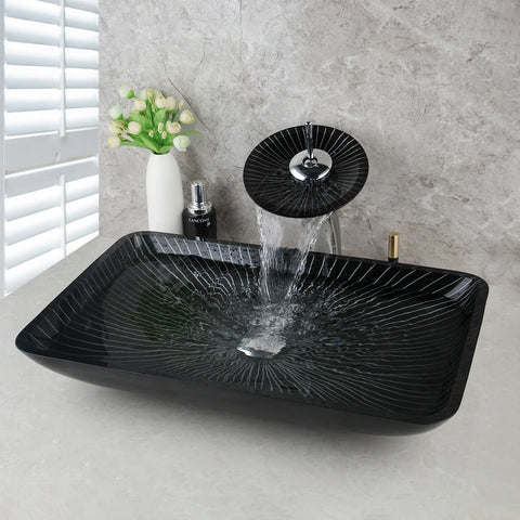 KEMAIDI Tempered Glass Basin Round/Oval/Square/Rectangular Shape White Stripes w/Hot & Cold Faucet Glass Bathroom Sink Set