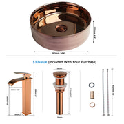 OUBONI Bathroom Round Basin Faucet Set Ceramic Art Sink Waterfall Hot Cold Mixer Tap With Single Lever Rose Gold Pop Up Drain