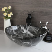 JIENI Oval Bathroom Sink Combo Marble Patterned Ceramics  Vessal Basin W/ Single Handle Hot Cold Faucet And Pop Up Drain