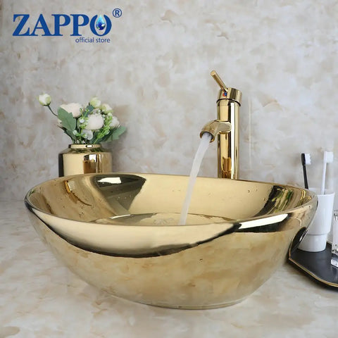 ZAPPO Luxury Large Gold Vessel Sink Ceramic Bathroom Sink Above Counter Washing Sink Faucet Combo with Faucets Drain Basin Sinks