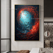 Mysterious Underwater Abstract Oil Painting Red Fish Swim In Crowds Original Design Canvas Wall Art  Handmade Abstarct Artwork