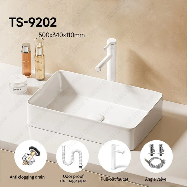 Rectangular White Ceramic Vessel Sink Bathroom Table Sink For Home Apartment Balcony Lavatory Vanity Sink Countertop Wash Basin