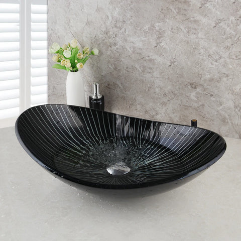 KEMAIDI Tempered Glass Basin Round/Oval/Square/Rectangular Shape White Stripes w/Hot & Cold Faucet Glass Bathroom Sink Set