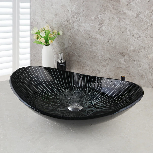 KEMAIDI Tempered Glass Basin Round/Oval/Square/Rectangular Shape White Stripes w/Hot & Cold Faucet Glass Bathroom Sink Set