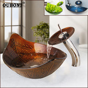 OUBONI Art Bathroom Basin Faucet Sets Leaf style Tempered Glass Sink W/ Translucent Hot Cold Faucet Chrome Finished Pop Up Drain