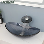 Torayvino Bathroom Glass Tempered Oval Vanity Basin Sink Set Waterfall Spout Deck Mounted Faucet Mixer Tap With Pop-up Drain Kit