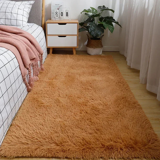 Solid Color Silk Wool Bedside Blanket for Girls Ins Bedroom Plush Carpet Silicone Non Slip Bottom Living Room Carpet  Cute Rug