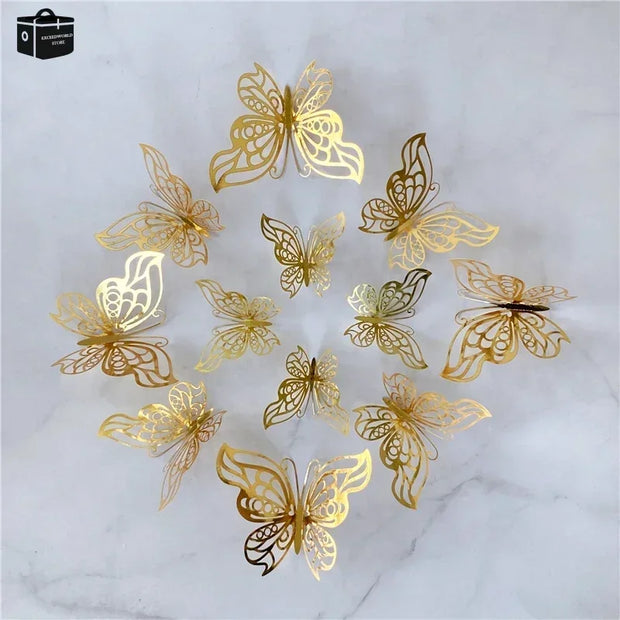 12Pcs/Set 3D Hollow Butterfly Wall Sticker Gold Silver Rose Butterflies Decal Sticker for Wedding Birthday Party Home Decoration