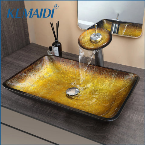 KEMAIDI Bathroom Vessel Sink Oval Glass Big Square Vessel Sink with Waterfall Faucet Mixer Bathroom Sink Above Counter Basin