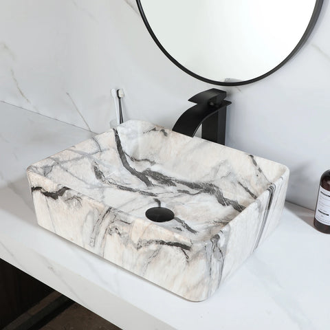 KEMAIDI Bathroom Vessel Sink Rectangular Ceramic Vessel Sink Tap Black Marble Bowl Sinks for Bathroom Vessel Sink Above Counter