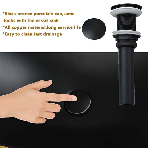 YANKSMART Oval Bathroom Vessel Vainty Countertop Ceramic Basin Sink with Matte Washbain Black Waterfall Faucet Pop-up Drain Set