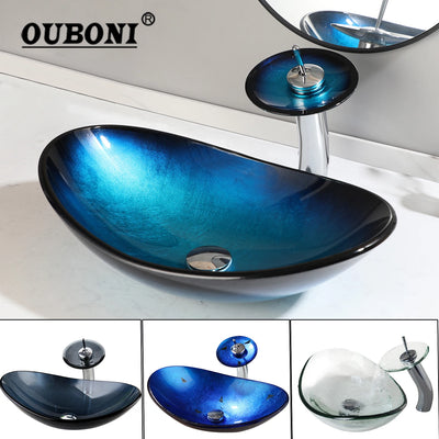 OUBONI Oval Bathroom Sink Faucet Set Tempered Glass Hand Painted Countertop Kit Bowl Washbasin W/ Faucet And Pop Up Drain