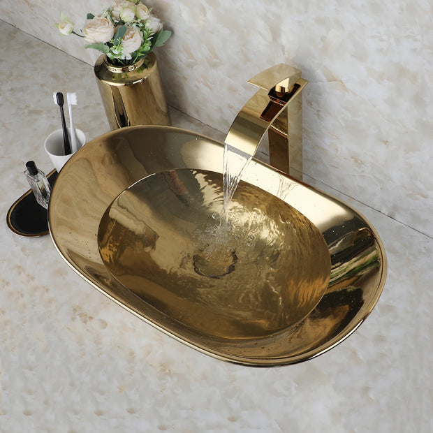 ZAPPO Luxury Large Gold Vessel Sink Ceramic Bathroom Sink Above Counter Washing Sink Faucet Combo with Faucets Drain Basin Sinks