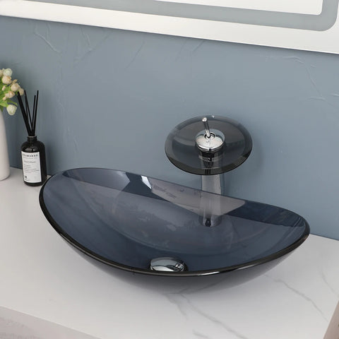 KEMAIDI Bathroom Vessel Sink Oval Glass Vessel Sink with Waterfall Faucet Tap Tempered Glass Bathroom Sinks Above Counter Basin