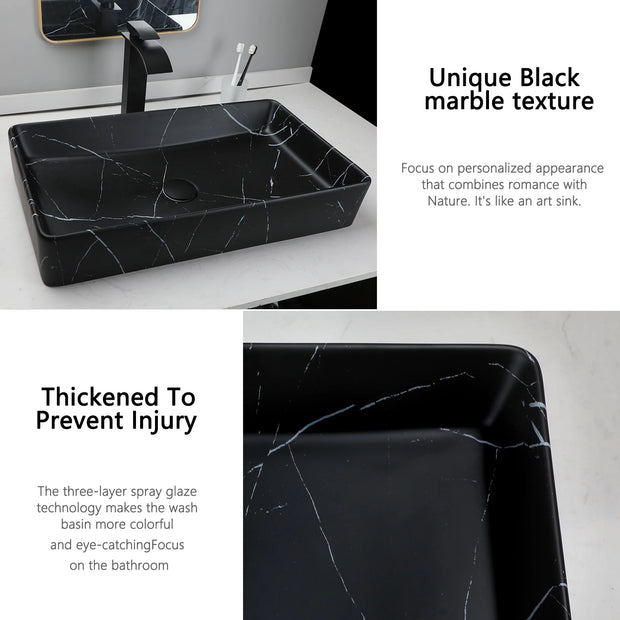 KEMAIDI Black Vanity Sink Rectangle Marble Bathroom Vessel Sink Above Counter Sinks for Bathrooms Porcelain Lavatory Faucet Set