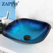 ZAPPO Tempered Glass Bathroom Vessel Sink with Waterfall Black Faucet Tap Bathroom Oval Blue Vessel Sinks Above Counter Basin