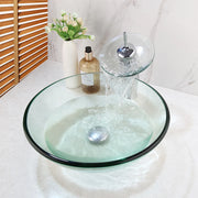 Monite Round Tempered Glass Bathroom Washbasin Sinks Countertop Transparent Glass Sink W/ Chrome Brass Waterfall Faucet Set