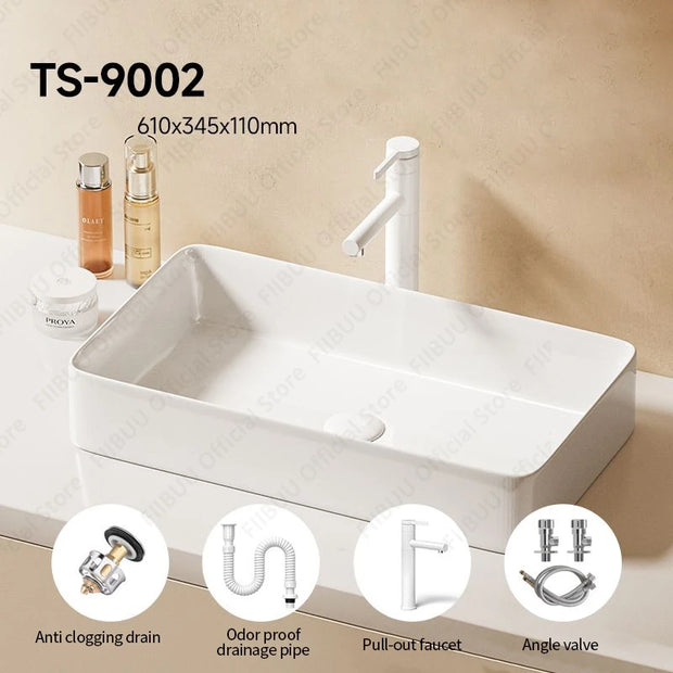 Rectangular White Ceramic Vessel Sink Bathroom Table Sink For Home Apartment Balcony Lavatory Vanity Sink Countertop Wash Basin