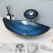 MONITE Leaf Style Bathroom Sink Faucet Set 3 Color Styles Tempered Glass Hand Painted Washbasin W/ Waterfall Tap & Pop-up Drain