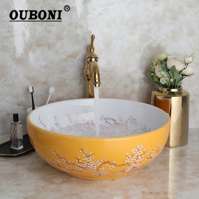 OUBONI Bowl Shaped Ceramic Bathroom Basin Set Art Flower Pattern Sink With Golden Or Antique Faucets Hot Cold Mixer Taps