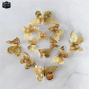 12Pcs/Set 3D Hollow Butterfly Wall Sticker Gold Silver Rose Butterflies Decal Sticker for Wedding Birthday Party Home Decoration