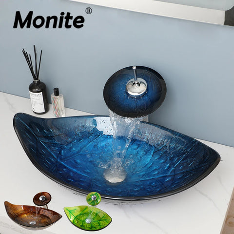 MONITE Leaf Style Bathroom Sink Faucet Set 3 Color Styles Tempered Glass Hand Painted Washbasin W/ Waterfall Tap & Pop-up Drain