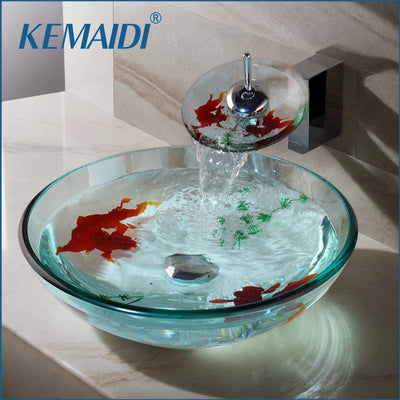 KEMAIDI Tempered Glass Bathroom Basin Sink Faucet Combo Glass Basin Vanity Vessel Sink with Goldfish Pattern and Faucet Set