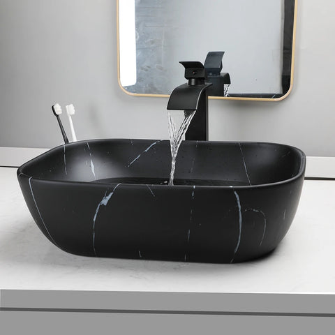 YANKSMART Marbla Bathroom Basin Sink Counter Top Ceramic Vessel Vanity with Black Mixer Waterfall Faucet and Pop-up Drain Set