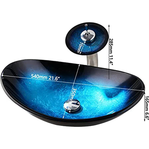 ZAPPO Tempered Glass Bathroom Vessel Sink with Waterfall Black Faucet Tap Bathroom Oval Blue Vessel Sinks Above Counter Basin