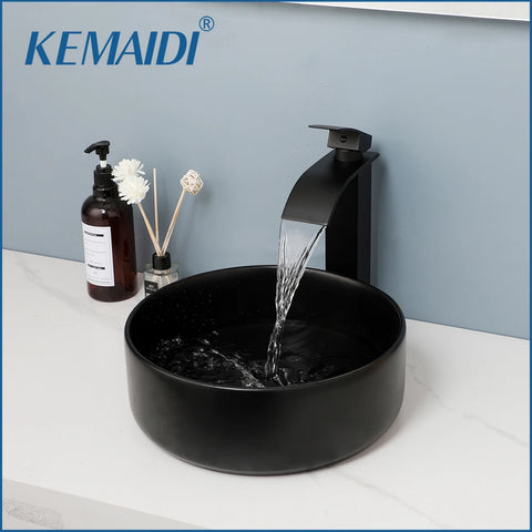 KEMAIDI Matte Black Bathroom Ceramic Washing Bowl Sink Above Counter Round Bathroom Sinks with Faucet Mixer Tap Set Deck Mounted