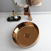 OUBONI Bathroom Round Basin Faucet Set Ceramic Art Sink Waterfall Hot Cold Mixer Tap With Single Lever Rose Gold Pop Up Drain