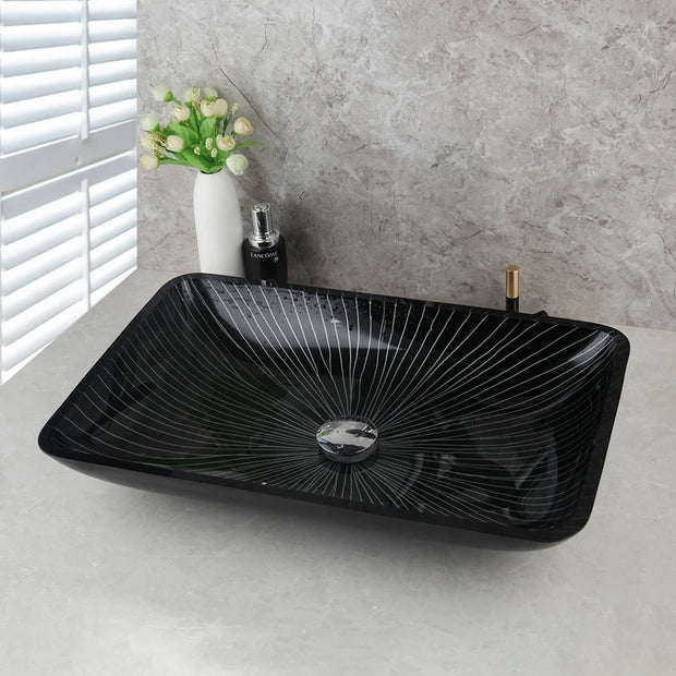 KEMAIDI Tempered Glass Basin Round/Oval/Square/Rectangular Shape White Stripes w/Hot & Cold Faucet Glass Bathroom Sink Set