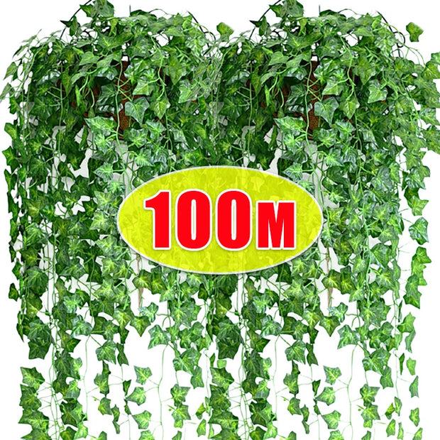 100/2M Artificial Green Ivy Vine Garland Fake Leaf Plants Rattan Hanging Creeper Garlands for Garden Wedding Party Wall Decors