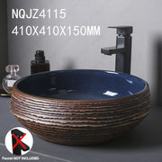 Round Navy Blue And Brown Ceramic Vessel Sink Carved Texture Lavatory Above Counter Art Basin Vanity Sink For Balcony Apartment