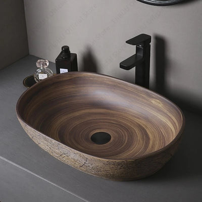 Brown Ceramic Vessel Sink Vanity Bowl Oval Bathroom Table Sink Lavatory Balcony Art Basin Above Counter Pedestal Washing Basin