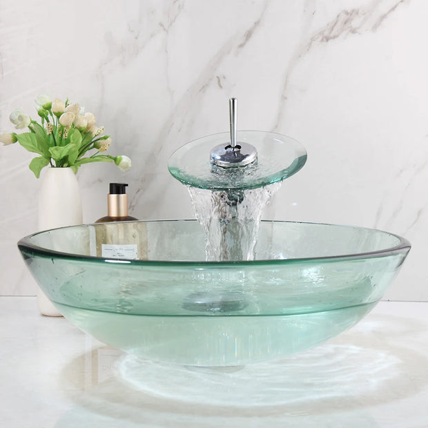 Monite Round Tempered Glass Bathroom Washbasin Sinks Countertop Transparent Glass Sink W/ Chrome Brass Waterfall Faucet Set