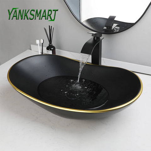 YANKSMART Oval Bathroom Vessel Vainty Countertop Ceramic Basin Sink with Matte Washbain Black Waterfall Faucet Pop-up Drain Set