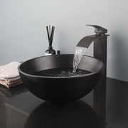 KEMAIDI Modern Bathroom Sink Round Black Ceramic Wash Basin Sink Bowl  Bathroom Sinks W/ Black Waterfall Mixer Faucet Tap Set