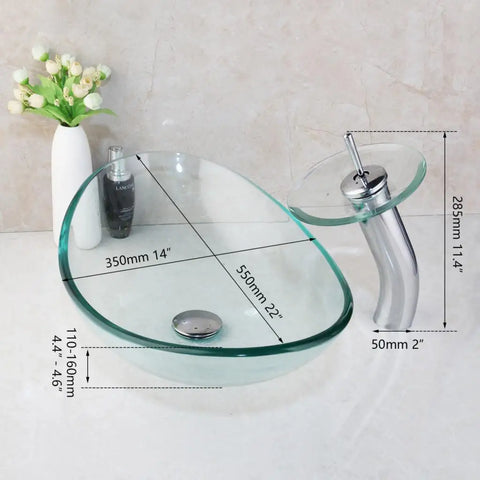 SINLAKU Tempered Glass Oval Washroom Basin Vessel Vanity Sink Set Transparent Bathroom Deck Mounted Mixer Tap Faucet With Drain