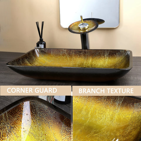 KEMAIDI Bathroom Vessel Sink Oval Glass Big Square Vessel Sink with Waterfall Faucet Mixer Bathroom Sink Above Counter Basin