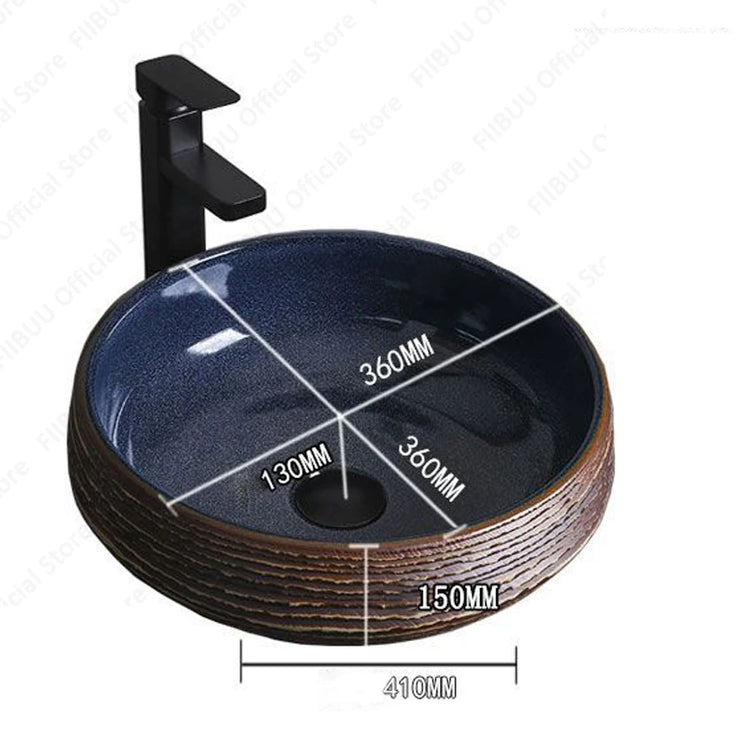 Round Navy Blue And Brown Ceramic Vessel Sink Carved Texture Lavatory Above Counter Art Basin Vanity Sink For Balcony Apartment