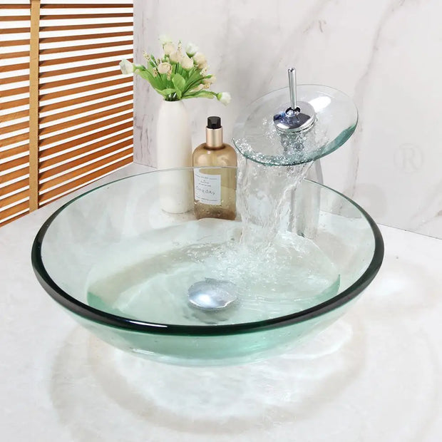 Monite Round Tempered Glass Bathroom Washbasin Sinks Countertop Transparent Glass Sink W/ Chrome Brass Waterfall Faucet Set