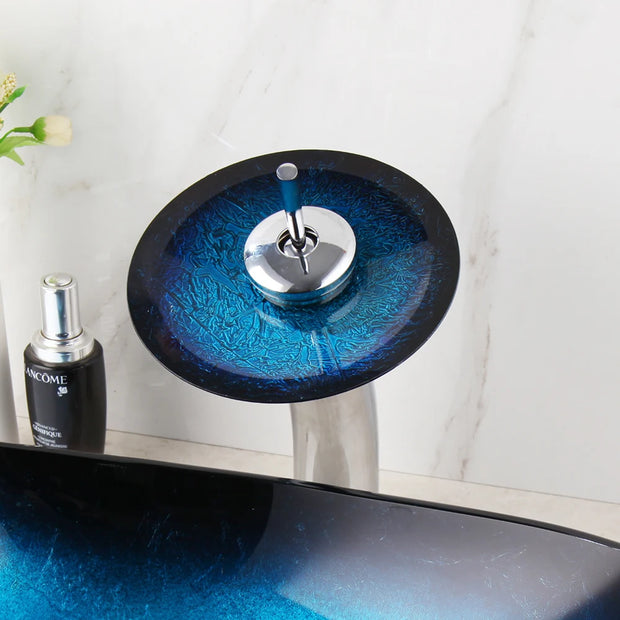 YANKSMART Tempered Glass Bathroom Sink Set Blue Oval Vessel Vanity Bowl Waterfall Black Faucet W/ Pop-Up Drain