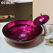 OUBONI Rose Red Tempered Glass Basin Sink Unique Washbasin Faucet Set Bathroom Counter Top Washroom Vessel Vanity Sink Mixer Tap